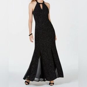 NIGHTWAY Glitter-Knit High Neckline Teardrop Long Prom Gown